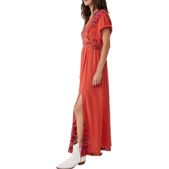 NWT FREE PEOPLE Maisley Embroidered Boho Maxi Dress Burnt Orange Small - Picture 6 of 10